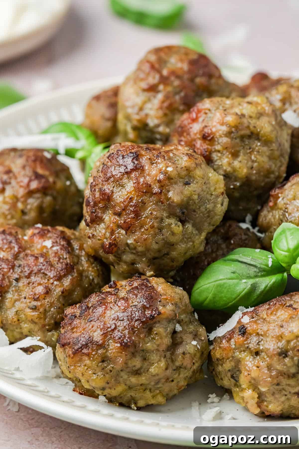 Emerald Pesto Turkey Bites 5 Freshly cooked Pesto Turkey Meatballs garnished with fresh basil leaves and a drizzle of extra pesto.