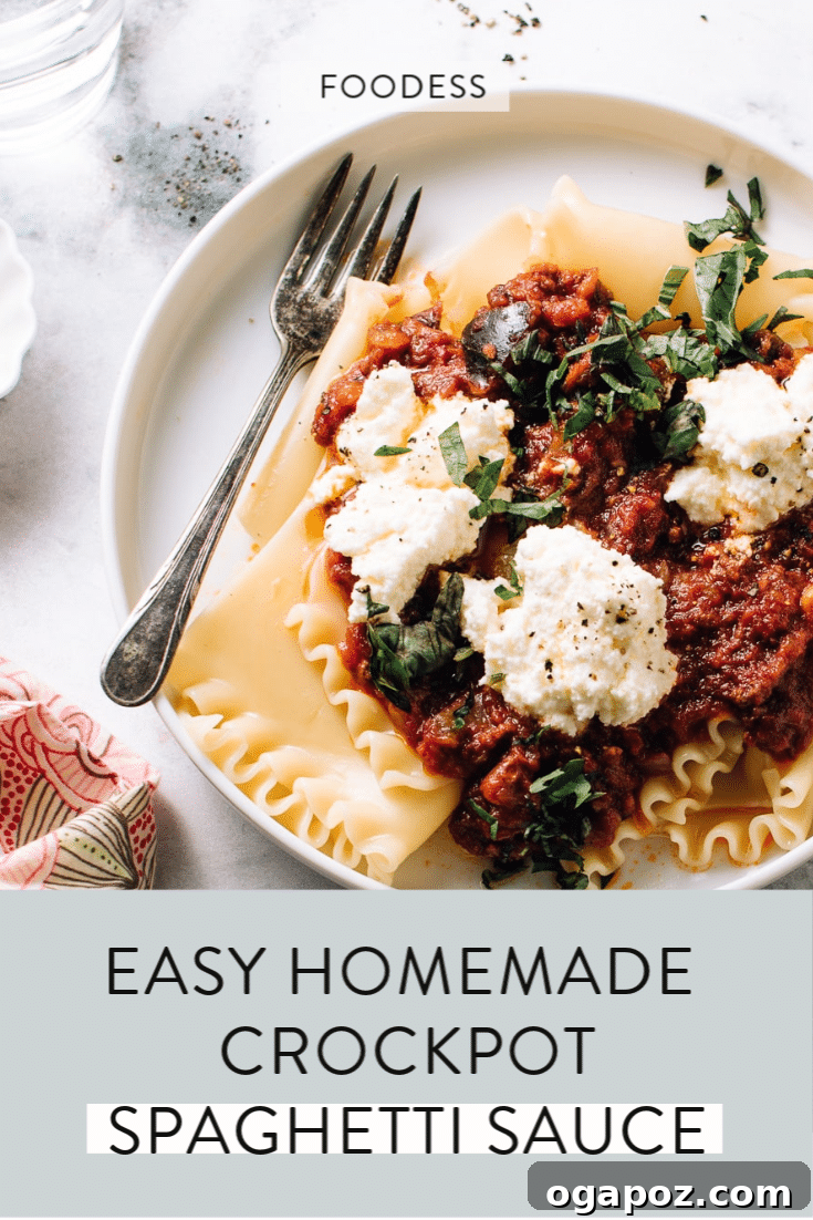 Slow Cooker Beef Spaghetti Sauce 4 Hearty spaghetti sauce with ground beef on a plate with lasagna noodles