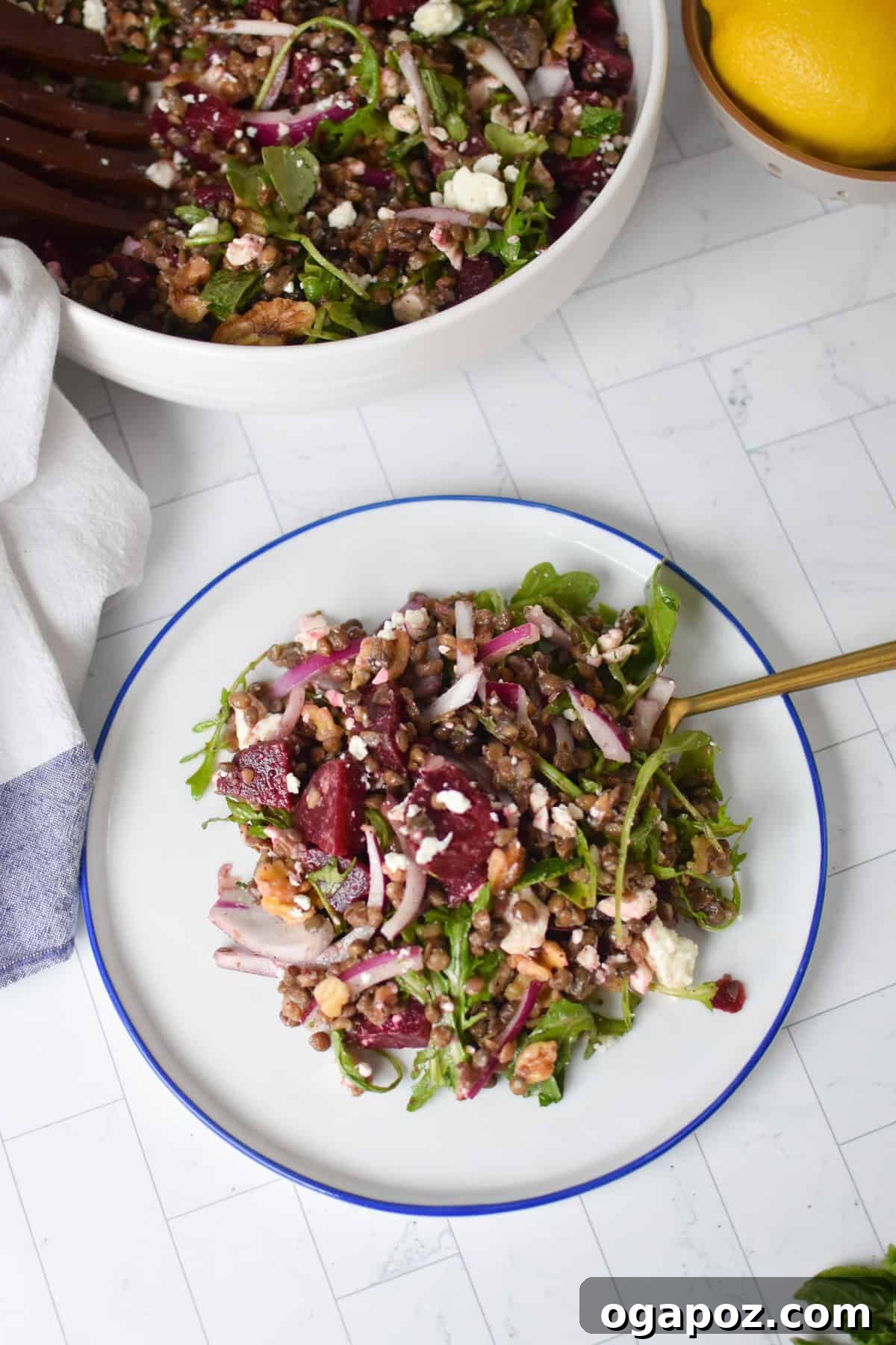 Vibrant Lentil and Beet Salad 3 Mediterranean Lentil Beet Salad served on a small white plate, ready to be enjoyed.