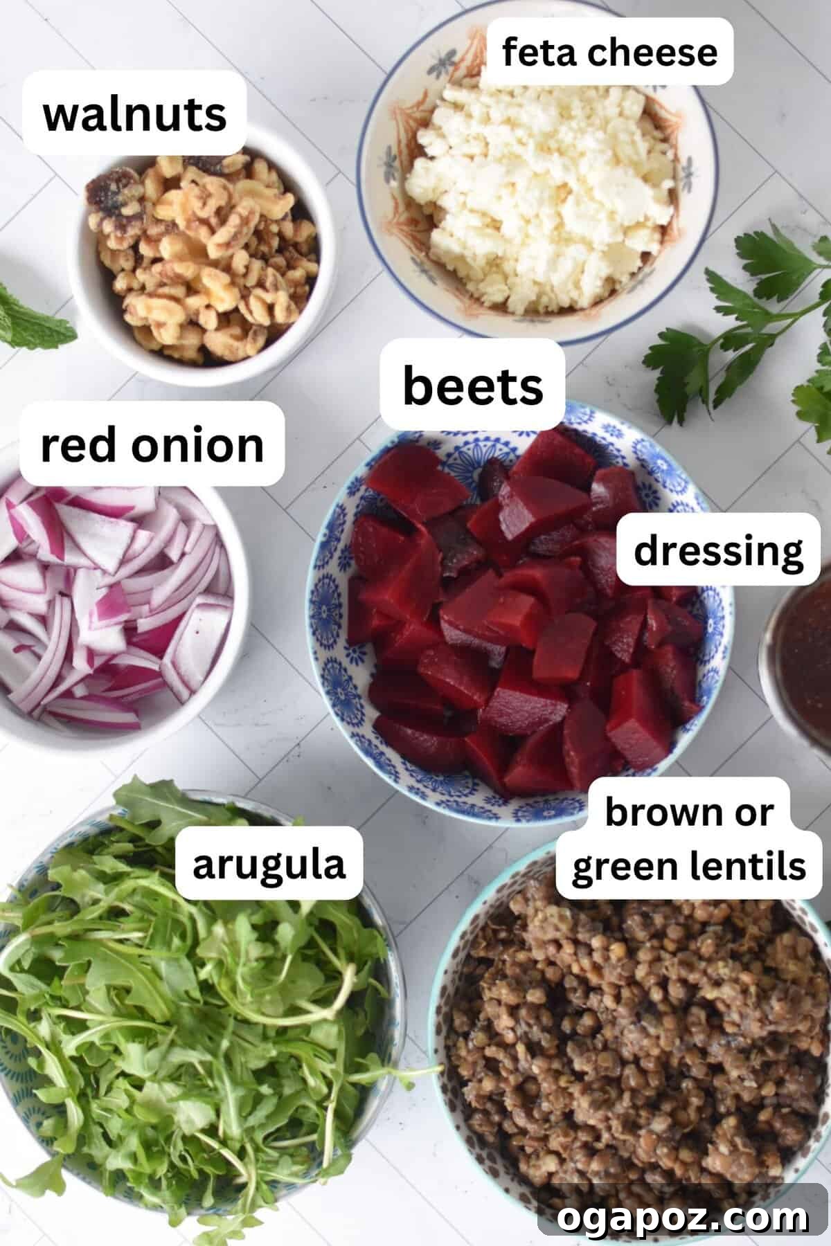 Vibrant Lentil and Beet Salad 6 Close-up shot of fresh ingredients for Lentil and Beet Salad: cooked lentils, roasted beets, crumbled feta, arugula, and walnuts.