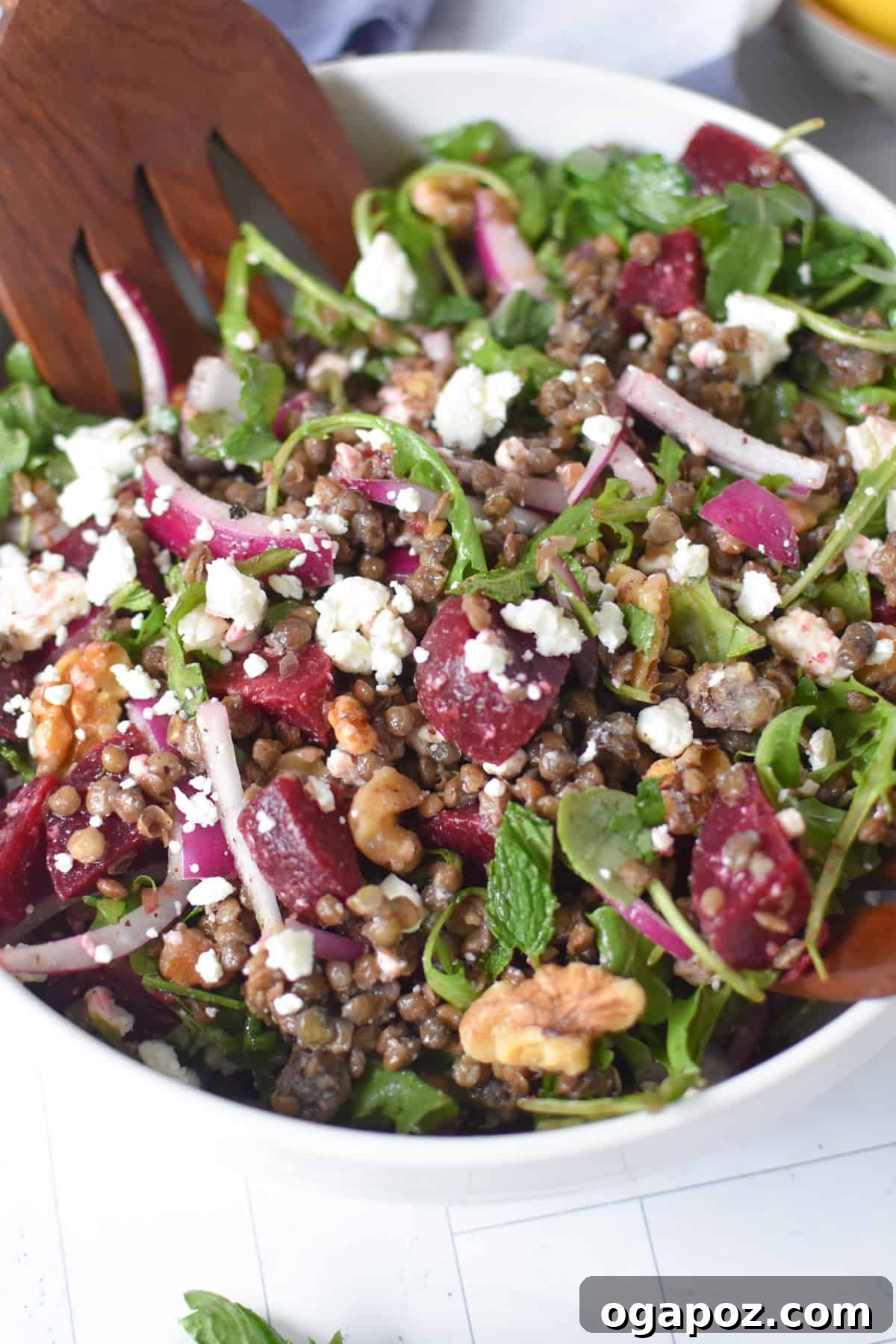 Vibrant Lentil and Beet Salad 10 Beet and Lentil Salad with Feta served beautifully in a white bowl, ready to be enjoyed.