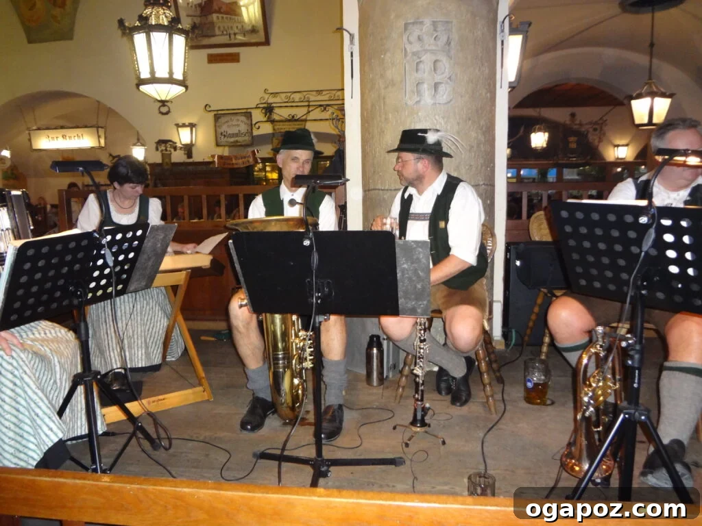 Munich: A Bavarian Jewel 11 A lively traditional German band performing in a beer hall, creating a festive atmosphere for patrons