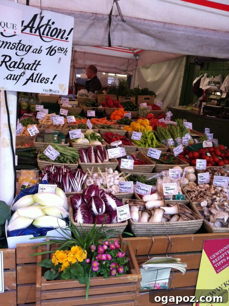 Munich: A Bavarian Jewel 13 A colorful stall at the Viktualienmarkt in Munich, laden with fresh, seasonal vegetables beautifully arranged