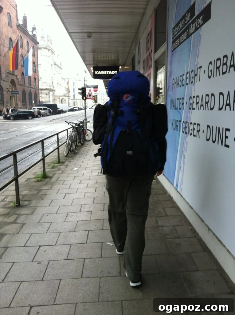Munich: A Bavarian Jewel 5 A traveler's large backpacking backpack resting in a street in Munich, Germany, hinting at the start of a European adventure