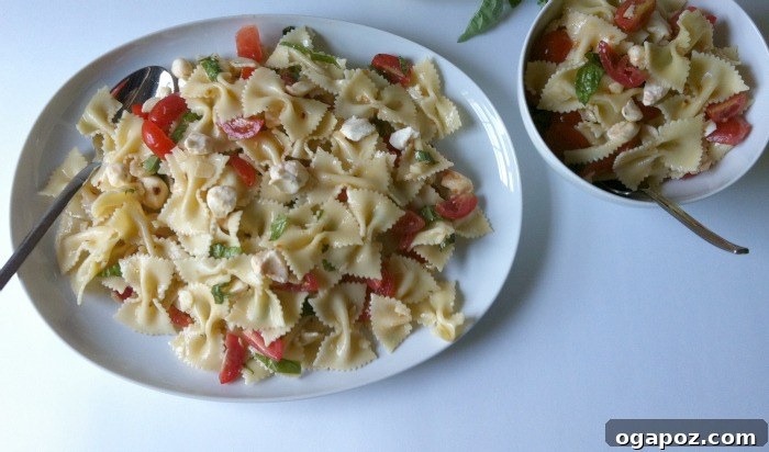 Close-up of a serving of Caprese Pasta Salad on a plate