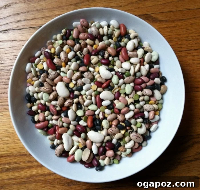 Mom's Hearty 15-Bean Soup 5 A visible bag of assorted dry beans specifically packaged for '15 Bean Soup', highlighting the variety of legumes that make up the mix.