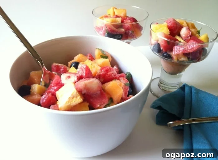 Refreshing Fruit Medley with Zesty Honey-Yogurt Dressing 11 A close-up of the delicious fruit salad, showcasing the vibrant colors and appealing textures of the fruits, generously coated with the creamy yogurt honey lemon dressing, making it highly appetizing.