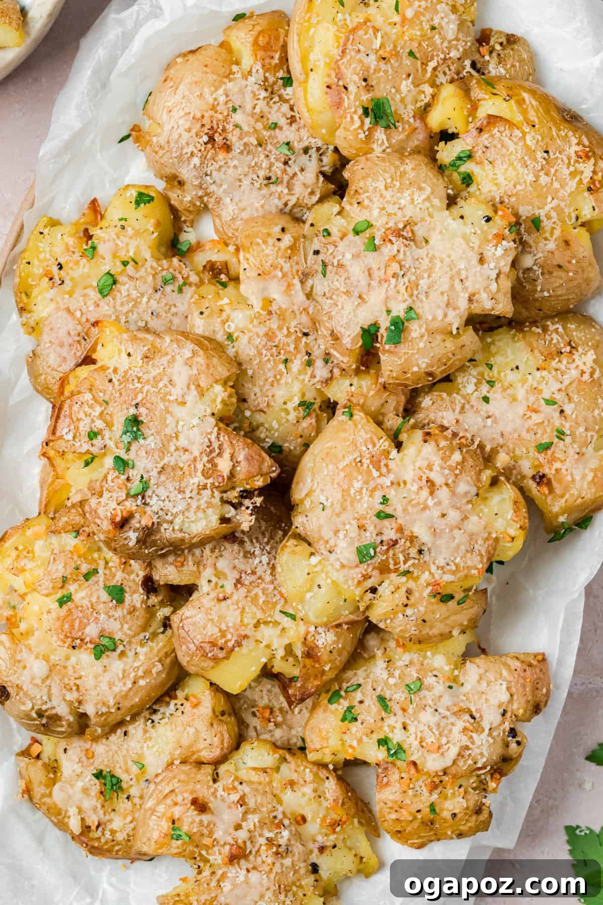 Crispy Garlic Parmesan Smashed Potatoes 2 Crispy Garlic Parmesan Smashed Potatoes served on a white plate, garnished with fresh herbs.