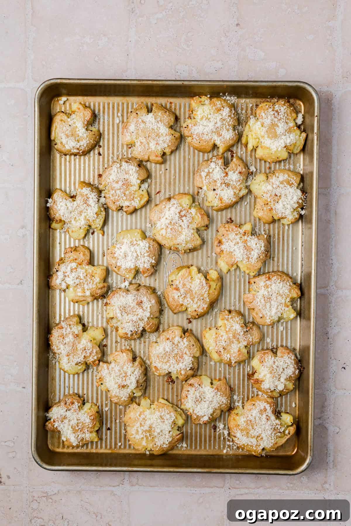 Crispy Garlic Parmesan Smashed Potatoes 12 Crunchy smashed potatoes fresh from the oven, topped with melted Parmesan.