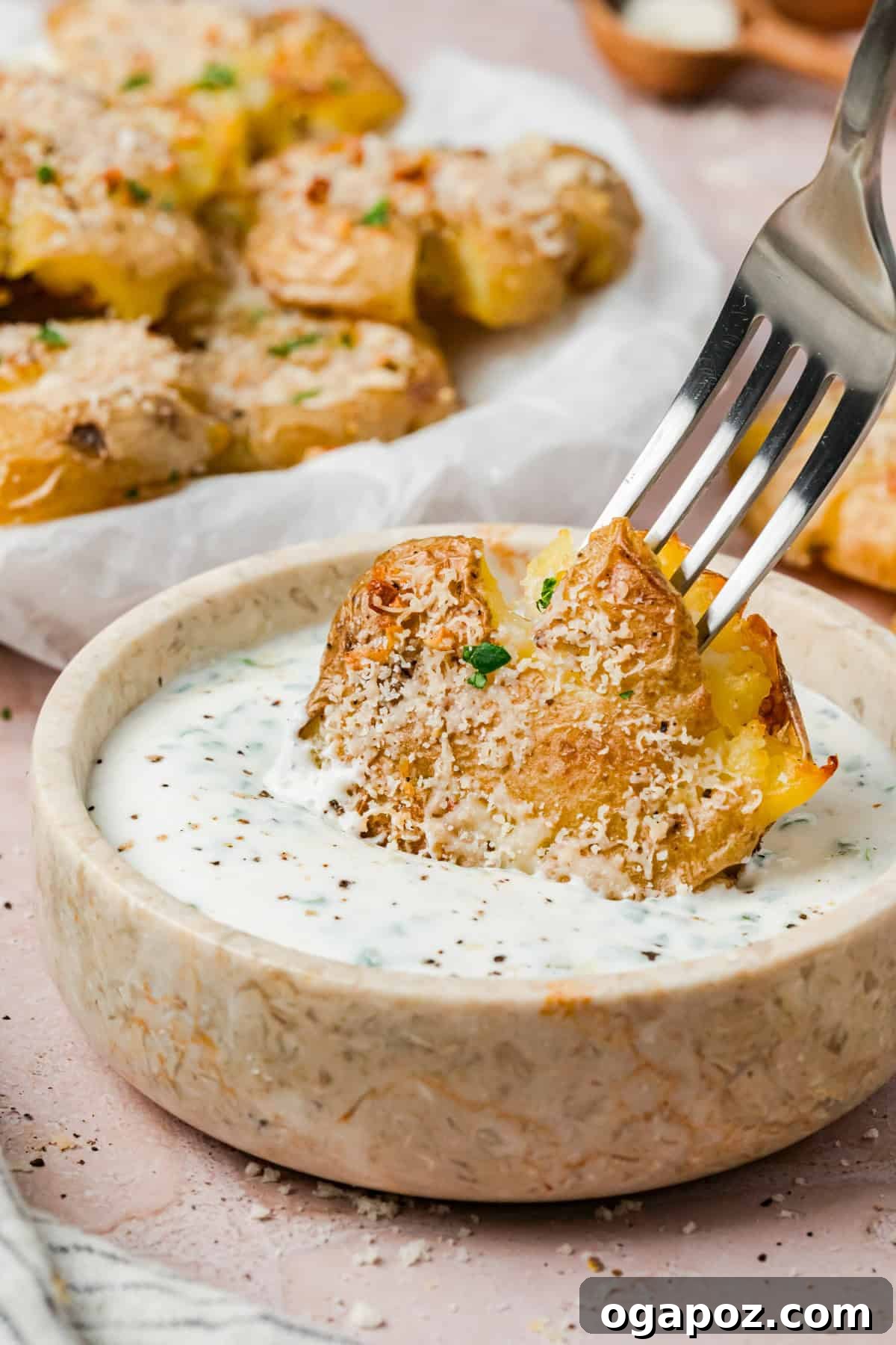 Crispy Garlic Parmesan Smashed Potatoes 3 Crispy smashed potatoes generously topped with freshly grated Parmesan cheese and herbs.