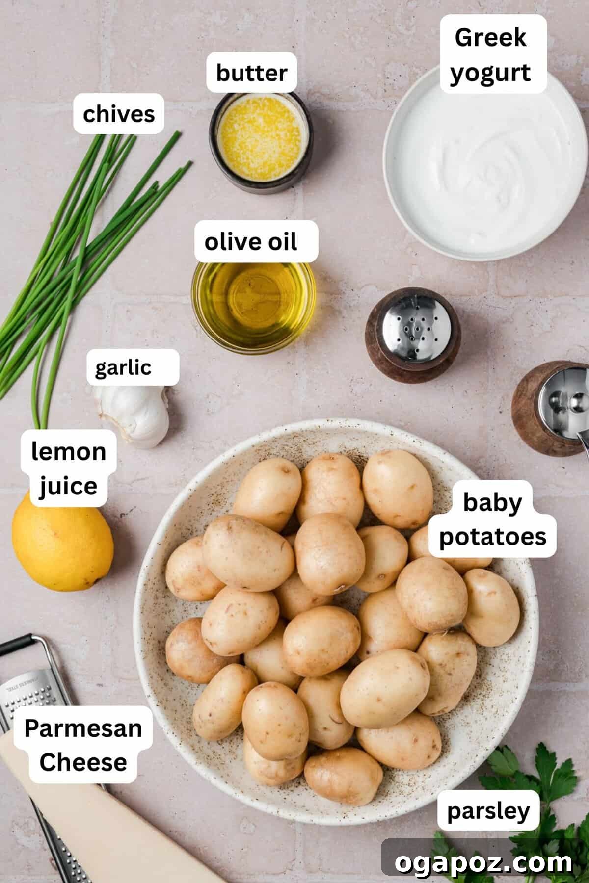 Crispy Garlic Parmesan Smashed Potatoes 6 A selection of fresh ingredients including baby potatoes, garlic, Parmesan, and olive oil for the smashed potato recipe.