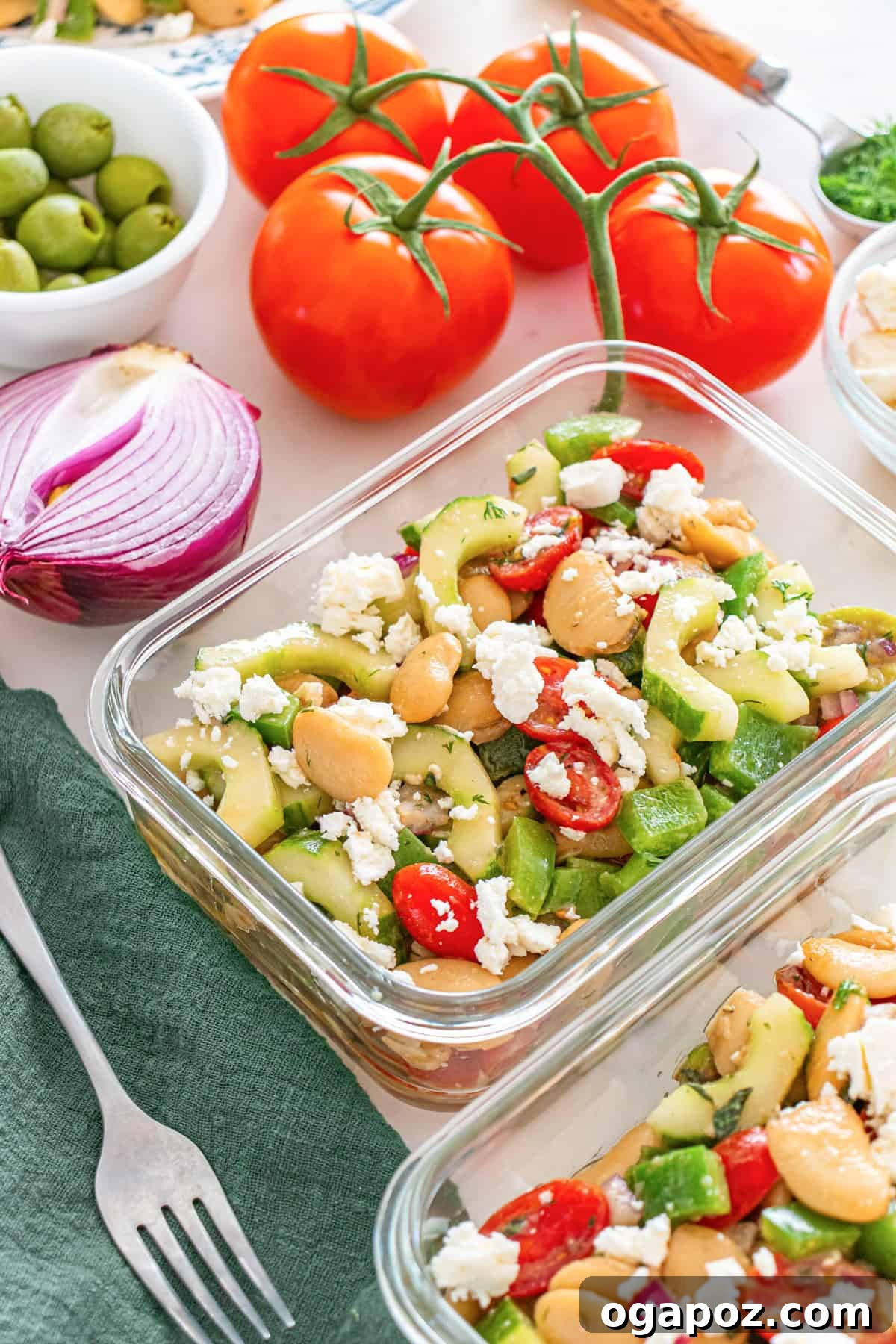 Zesty Greek Butter Bean Salad 11 Close-up of the ready-to-serve Easy Butter Bean Salad in a rustic setting