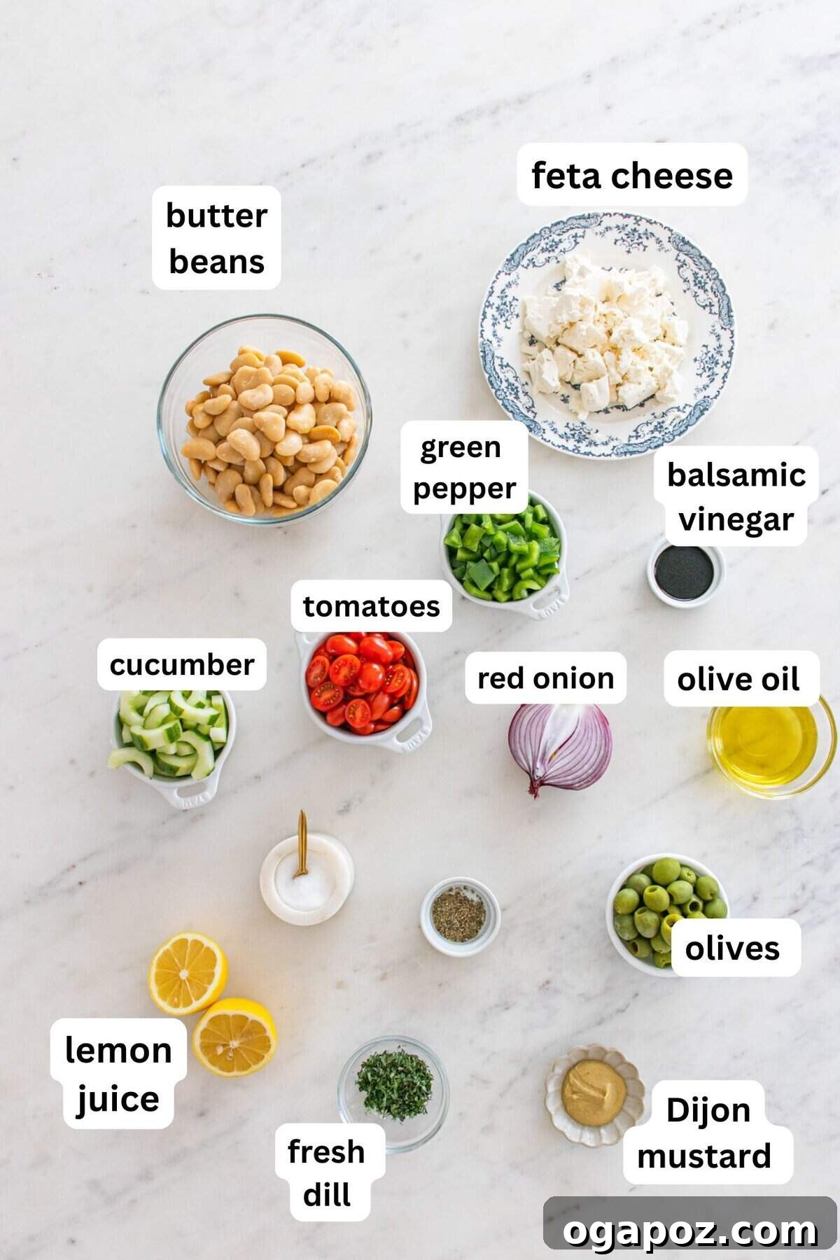 Zesty Greek Butter Bean Salad 5 Fresh ingredients laid out for Greek Butter Bean Salad preparation