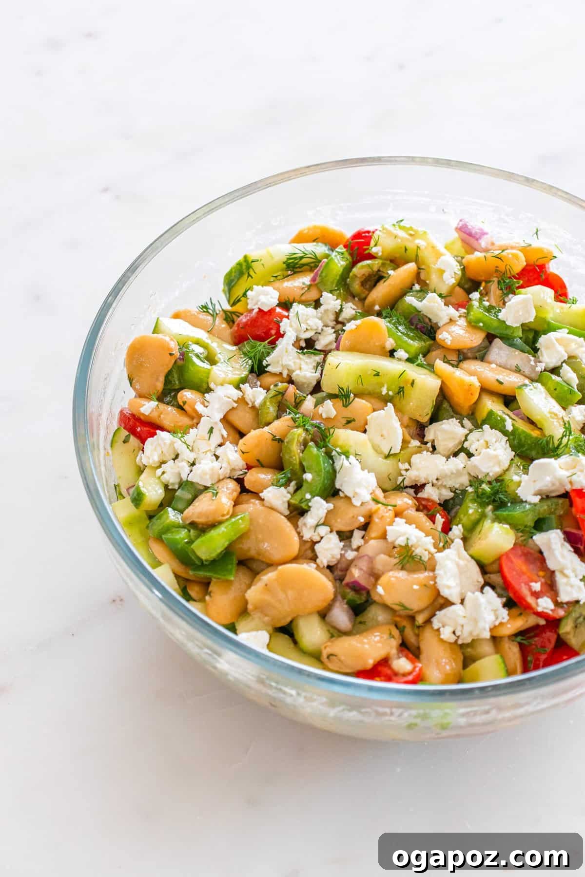 Zesty Greek Butter Bean Salad 10 Finished Greek Butter Bean Salad in a glass serving bowl