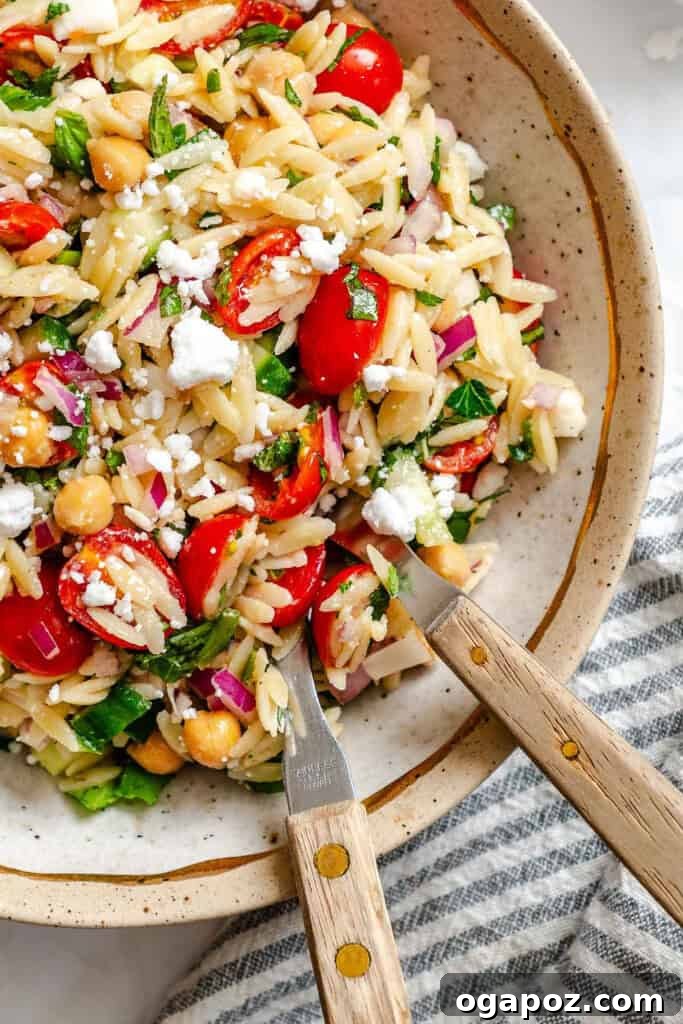 Bright Summer Orzo Salad 2 A vibrant bowl of Summer Orzo Pasta Salad, ready to serve, with two spoons for sharing.