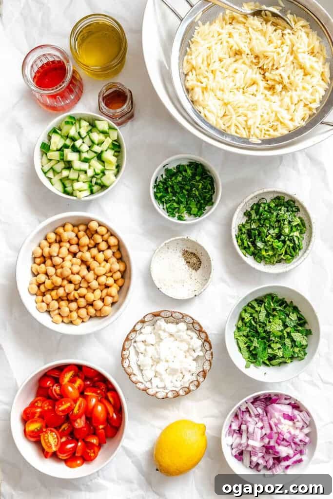 Bright Summer Orzo Salad 3 A vibrant selection of fresh ingredients laid out for the Summer Orzo Pasta Salad recipe, including cherry tomatoes, cucumber, red onion, feta cheese, and orzo pasta.