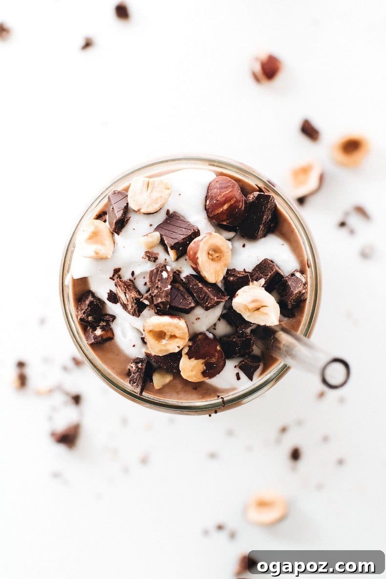 Transform Your Health: 25+ Irresistible Smoothie Creations 23 View of chocolate hazelnut smoothie from above