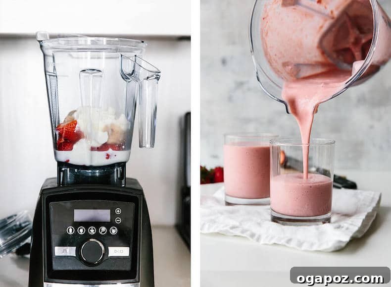 Transform Your Health: 25+ Irresistible Smoothie Creations 6 Strawberry smoothie ingredients in a blender and being poured into a glass