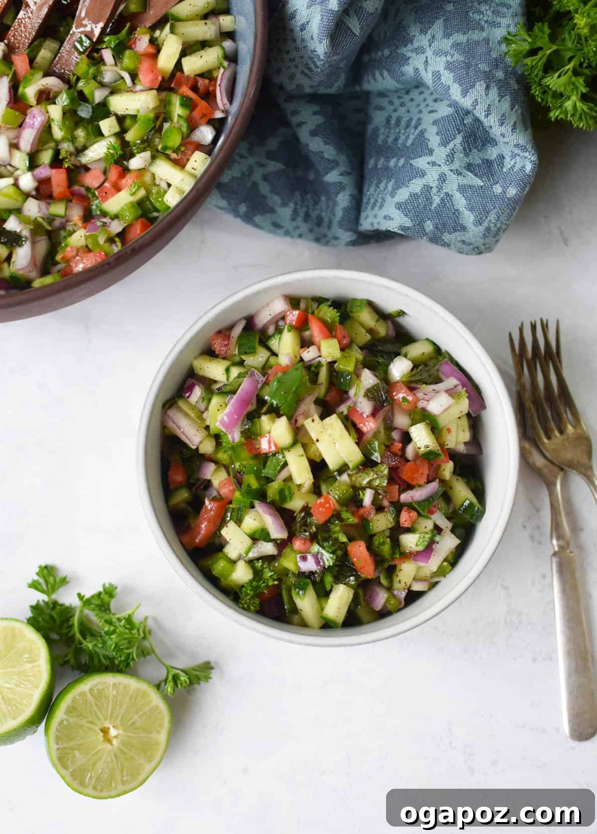 Authentic Shirazi Salad Recipe 10 Shirazi Salad Recipe in white bowl with forks.