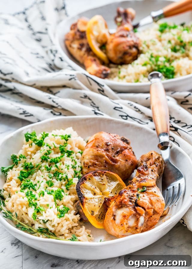41 Delicious Chicken Drumstick Recipes: Simple and Super Juicy 12 Lemon Garlic Roasted Chicken Legs on a plate serve with white rice