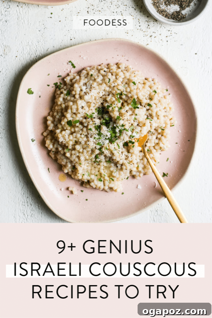 9+ Phenomenal Israeli Couscous Recipes You Must Try 14 A beautifully plated hot Israeli couscous dish on a pink plate, inviting readers to save the recipe.