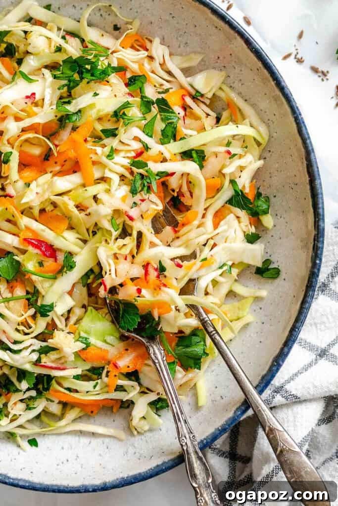 Bright & Tangy Mayo-Free Coleslaw 2 Healthy Vinegar Coleslaw in a serving bowl