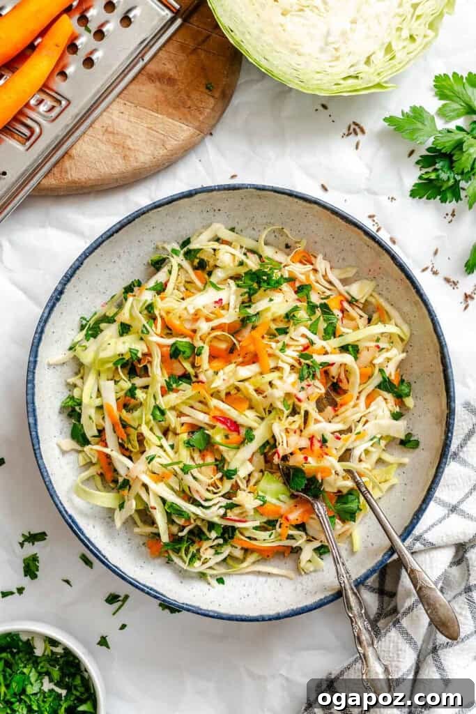 Bright & Tangy Mayo-Free Coleslaw 13 Healthy Vinegar Coleslaw in a white serving bowl