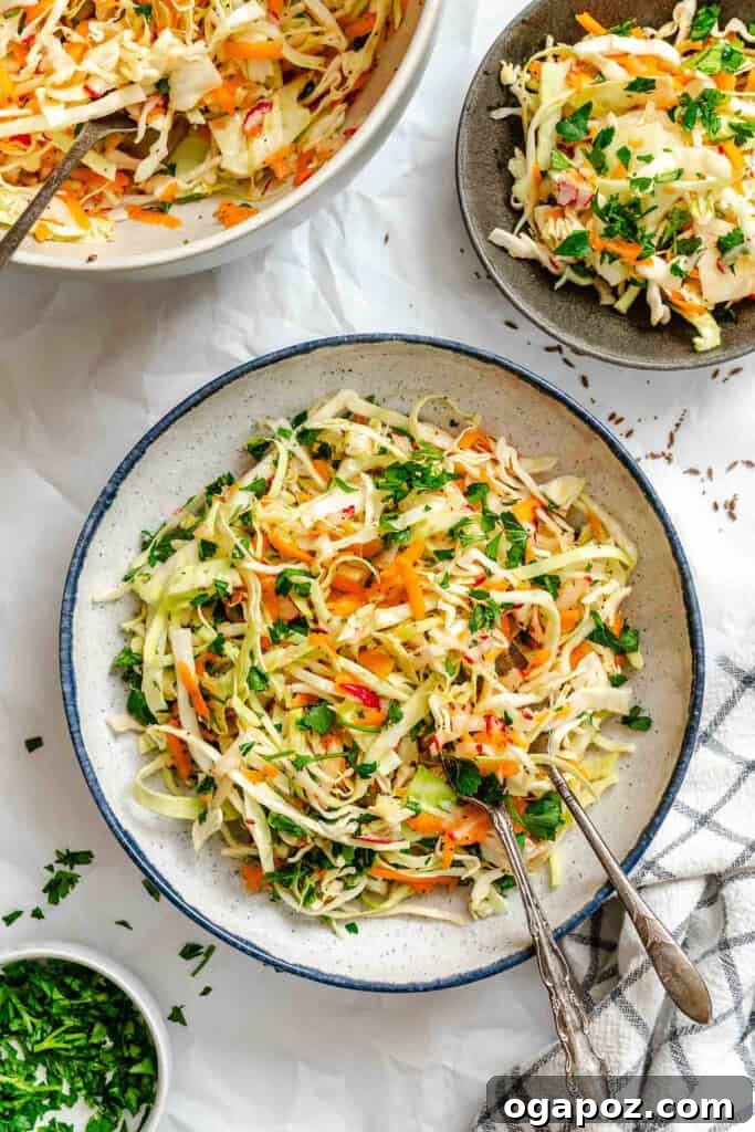 Bright & Tangy Mayo-Free Coleslaw 7 Healthy Vinegar Coleslaw in a bowl with a fork, ready to be enjoyed