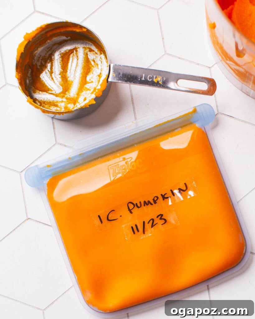 Cloud-Soft Pumpkin Cupcakes 3 Frozen canned pumpkin puree in a freezer bag with a measuring cup.