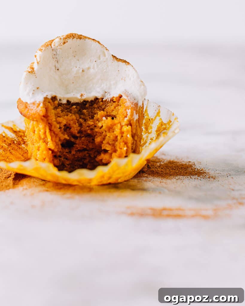Cloud-Soft Pumpkin Cupcakes 6 A pumpkin cupcake with a bite taken out, revealing its moist interior.