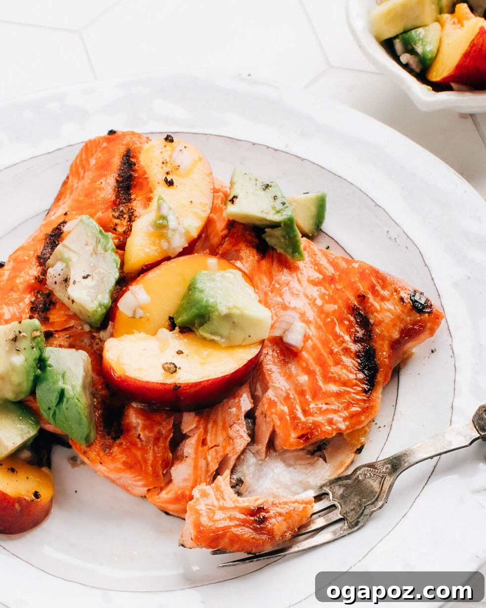 Melt-in-Your-Mouth Grilled Salmon 2 Grilled Salmon topped with Avocado Salsa.