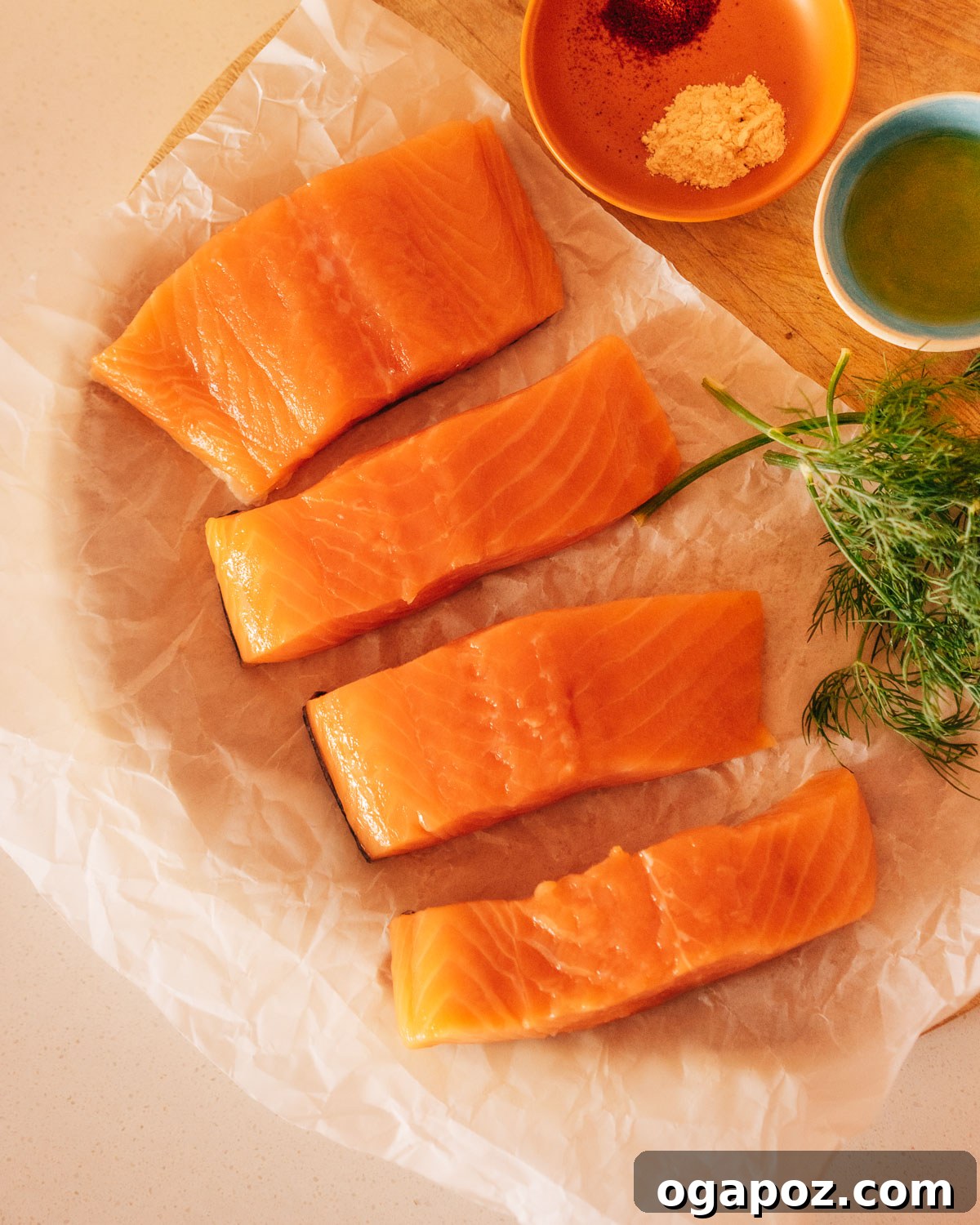 Melt-in-Your-Mouth Grilled Salmon 3 Ingredients for grilled salmon on a counter.