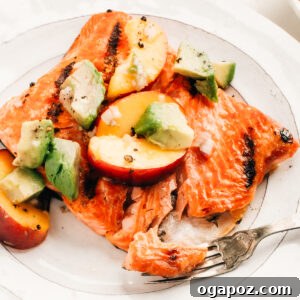 Grilled Salmon topped with Avocado Salsa.