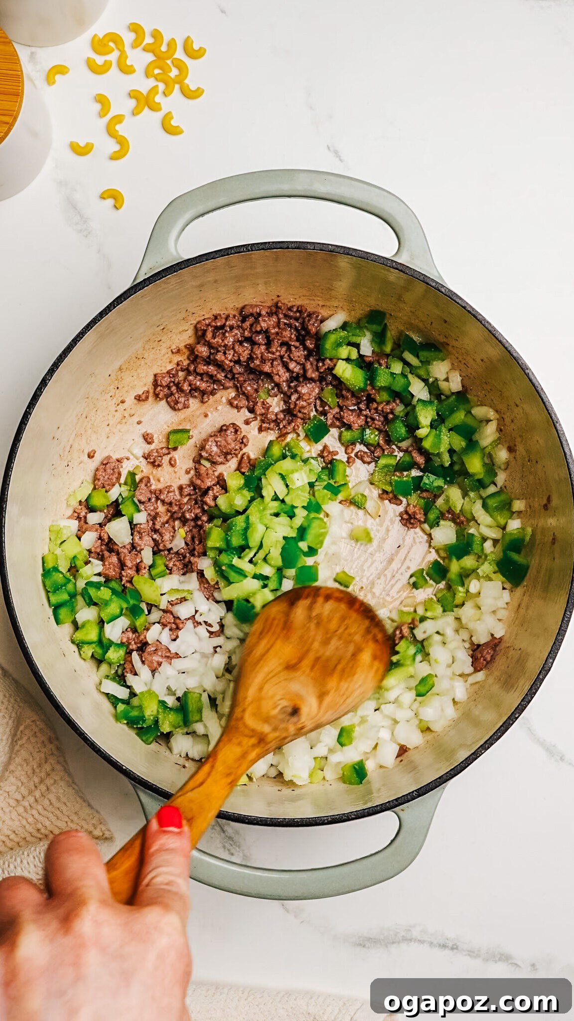 Hearty American Macaroni Bake 5 Steps of making American Chop Suey.