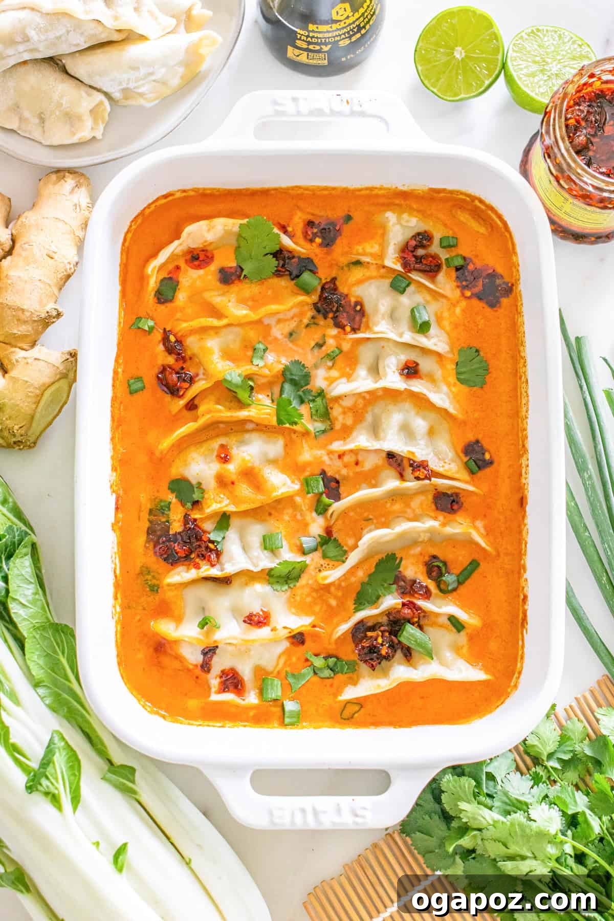 Savory One Pan Dumpling Bake 10 The fully baked One-Pan Dumpling Casserole, steaming hot and garnished, fresh out of the oven.