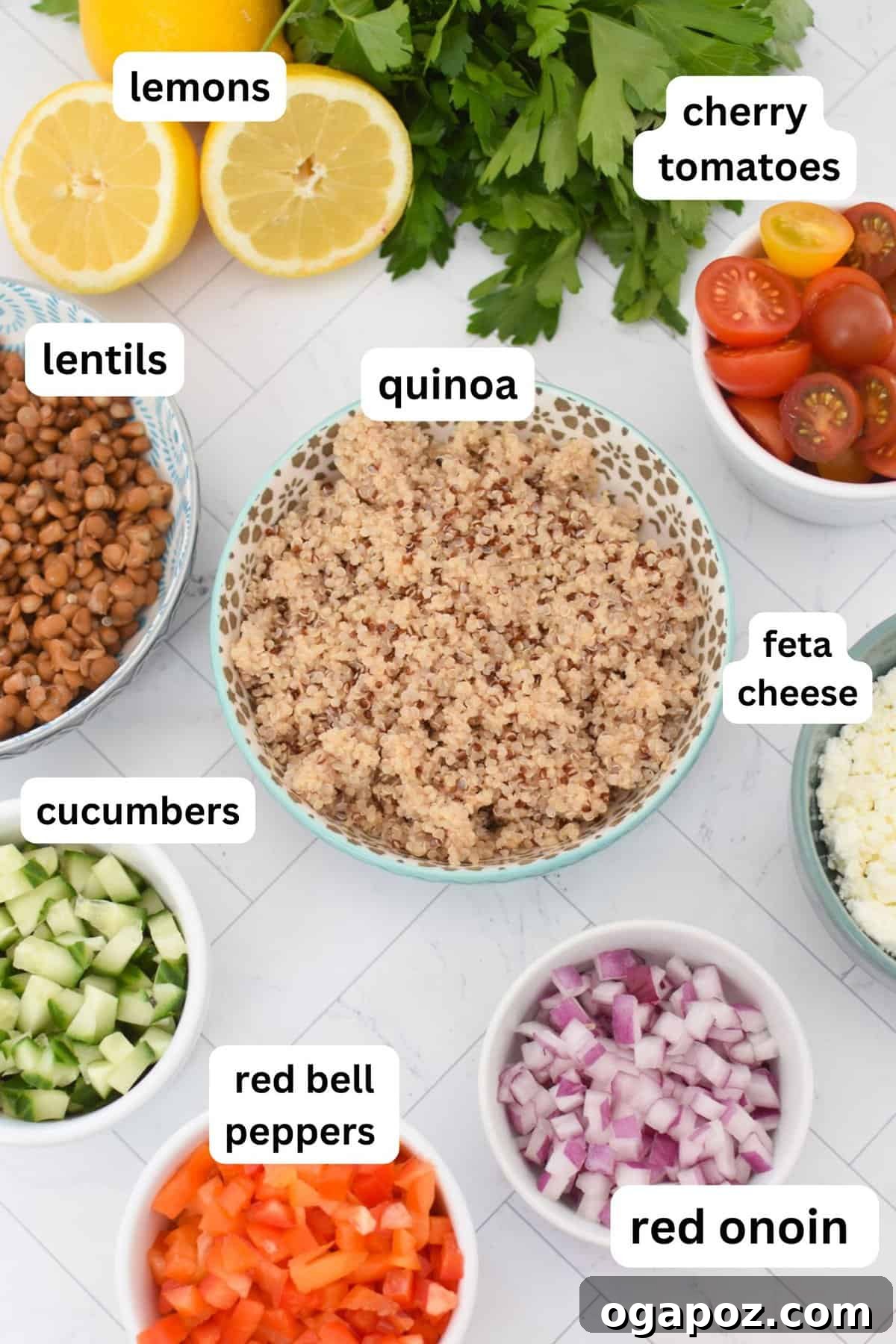 Colorful lentil quinoa salad with herbs and feta cheese