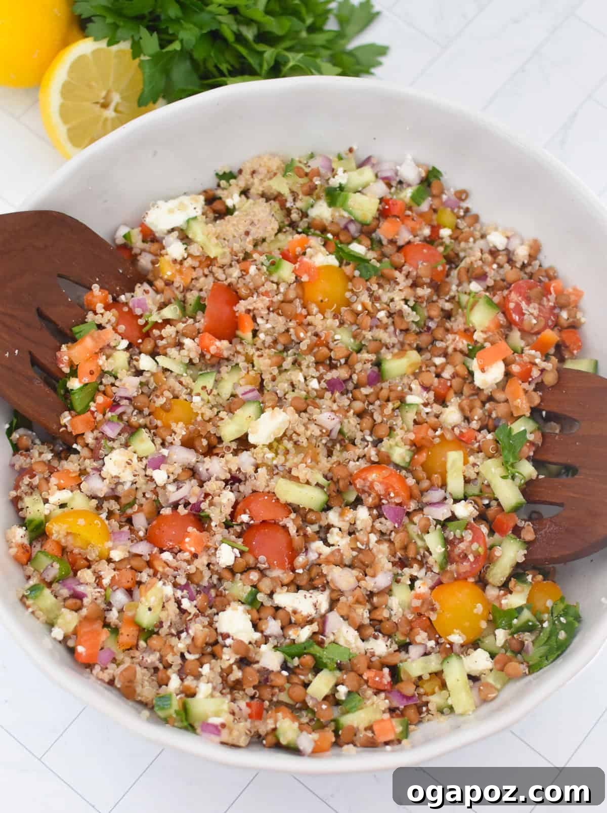 Vegetarian lentil quinoa salad with parsley and mint