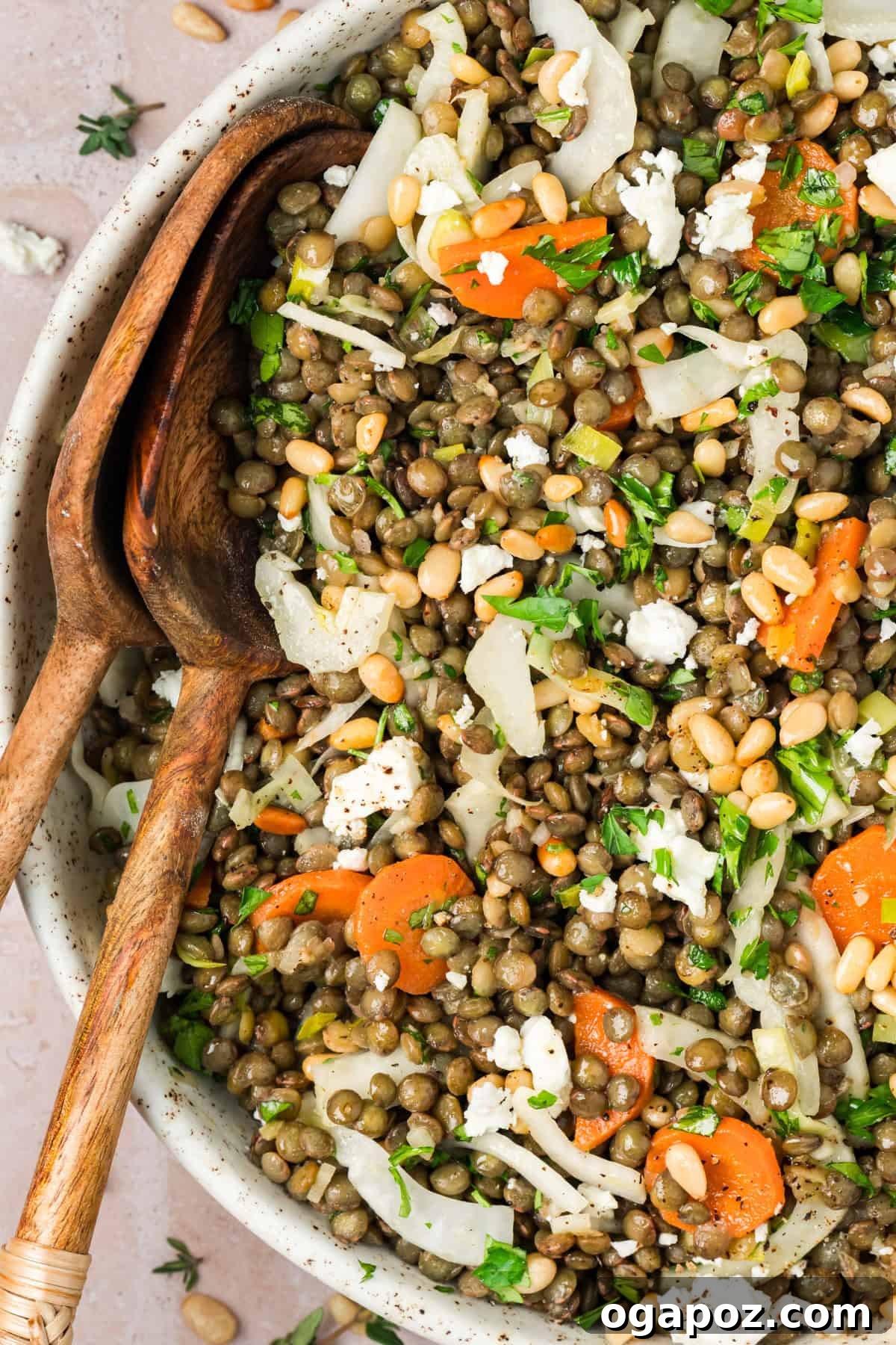 Bistro-Style Lentil Salad 12 Mediterranean French Lentil Salad with Feta and fresh herbs on a wooden board