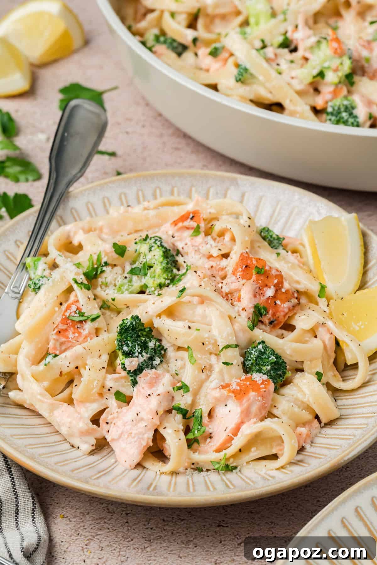 Velvety Salmon Alfredo Pasta 6 Salmon Alfredo Pasta with tender broccoli and lemon