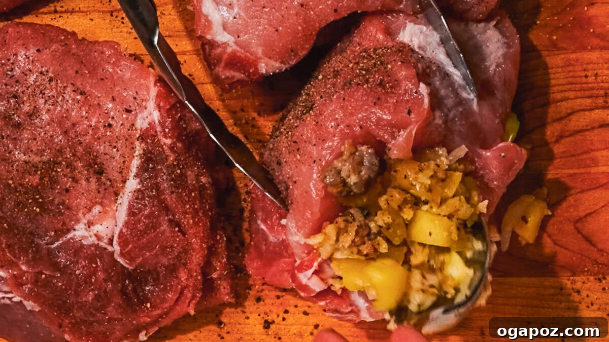 Signature Stuffed Pork Chops with an Unforgettable Pan Sauce 5 Step 2: Sautéing apples, onions, and celery with browned sausage in a skillet.