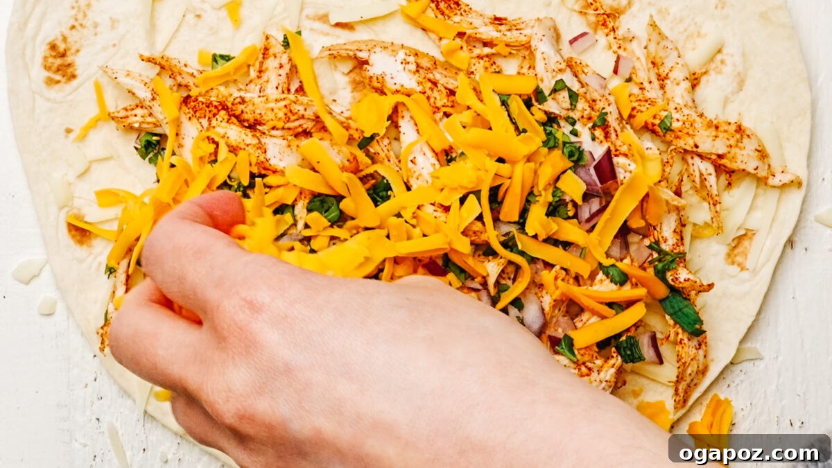Ultimate Chicken Quesadilla 6 Assembling a chicken quesadilla with layers of cheese, seasoned chicken, onion, and cilantro on a flour tortilla.