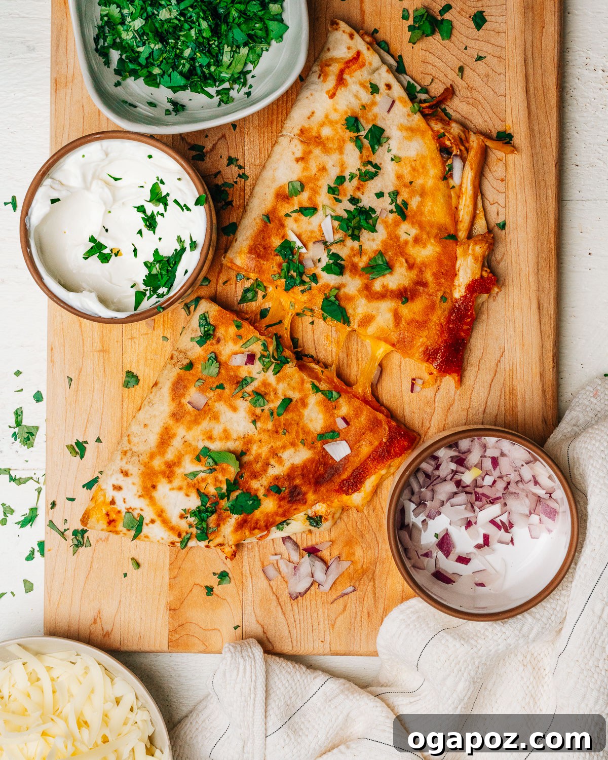 Ultimate Chicken Quesadilla 8 Finished crispy chicken quesadilla, sliced into wedges and ready to eat.