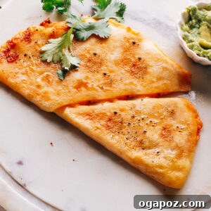 Golden and crispy Chicken quesadilla topped with cilantro.