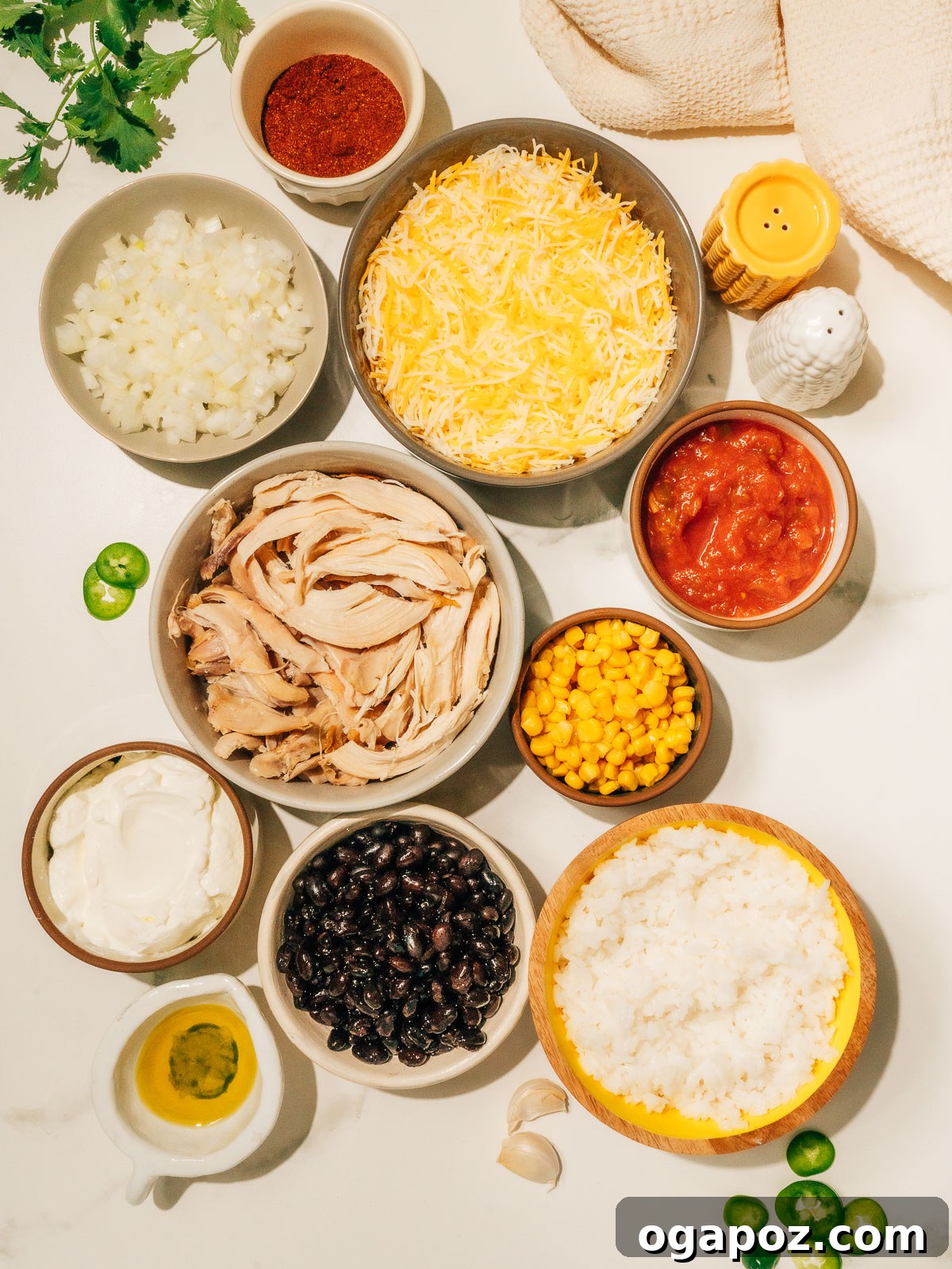 Fiesta Chicken Bake 3 A collection of fresh ingredients laid out for Mexican Chicken Casserole, including rotisserie chicken, black beans, corn, cheese, and spices.
