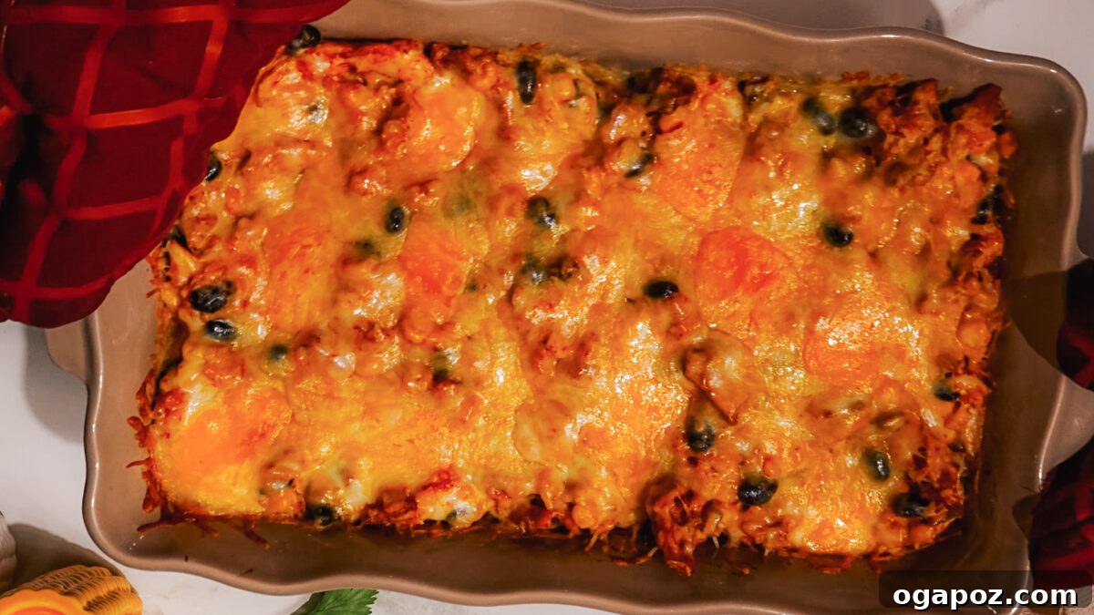 Fiesta Chicken Bake 8 Step 5: Spread casserole filling into baking dish and top with cheese.