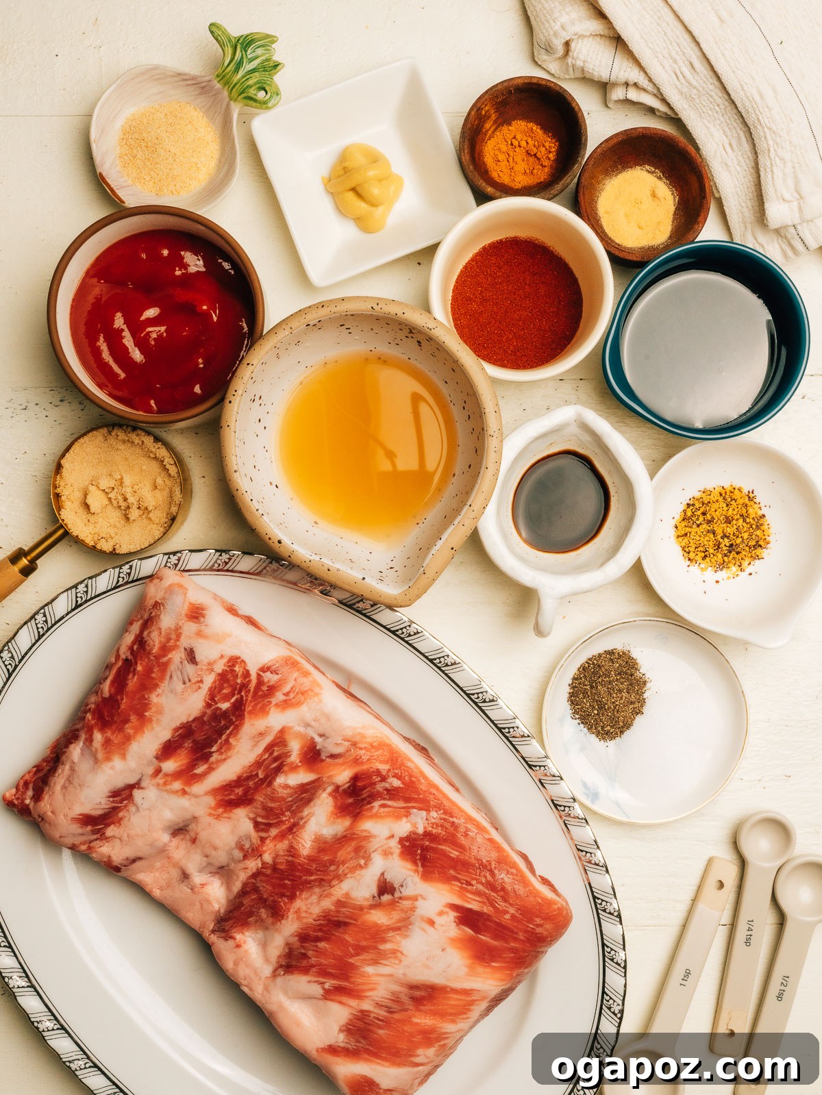 Fork Tender Spare Ribs 3 Ingredients for oven-baked spare ribs laid out on the counter.