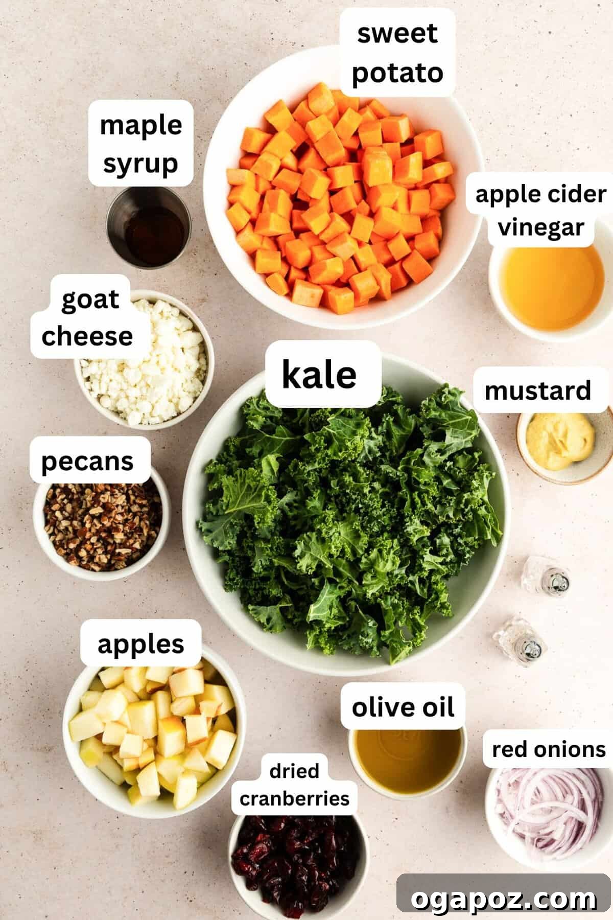 Close-up of fresh ingredients for the kale and sweet potato salad, including kale, sweet potatoes, and dressing components.