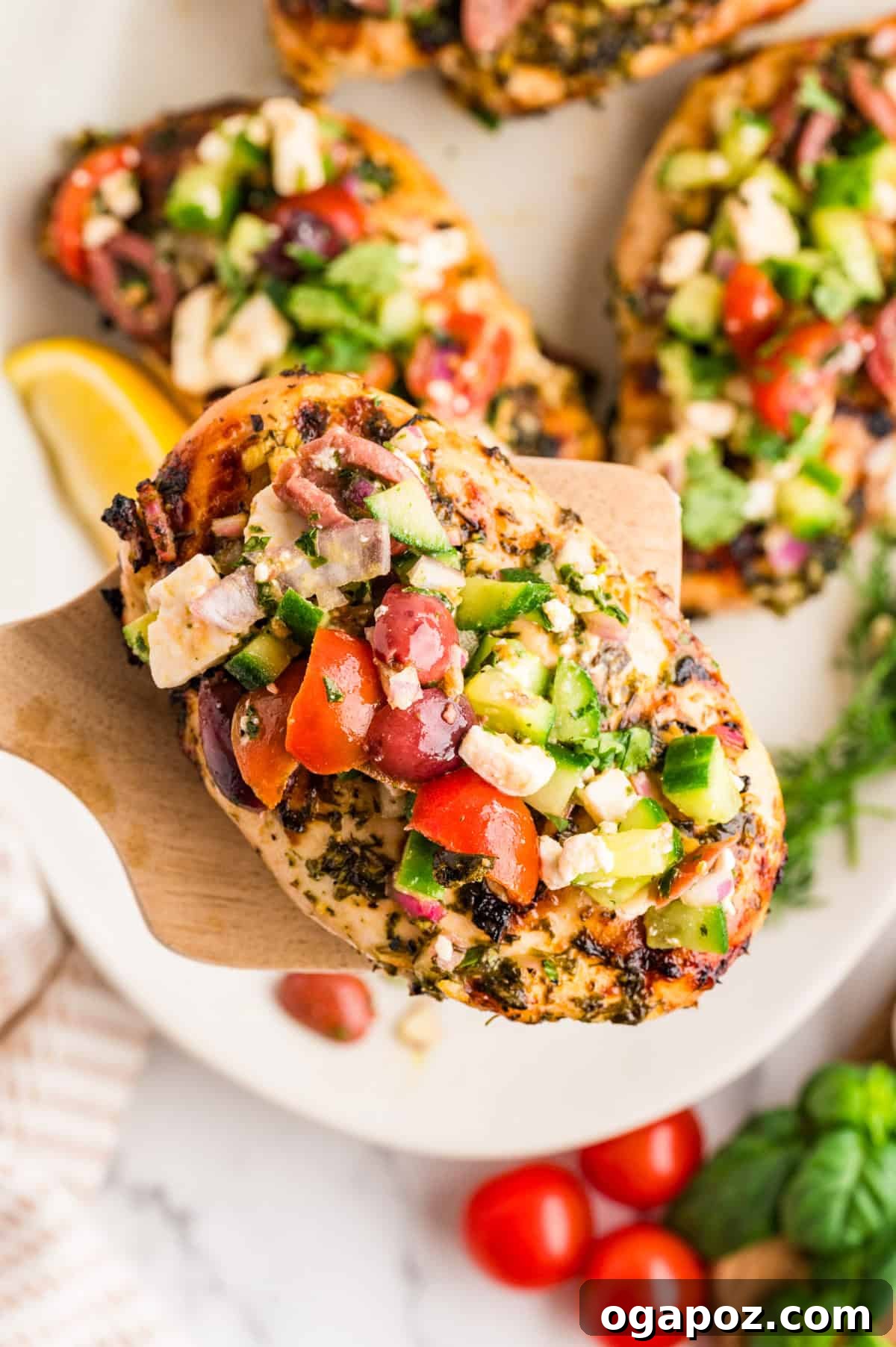 Simple Grilled Mediterranean Chicken breast served with a light drizzle of marinade.