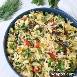 Mediterranean Roasted Vegetable Orzo Salad with Feta 11 Roasted vegetable orzo salad being served from a blue bowl