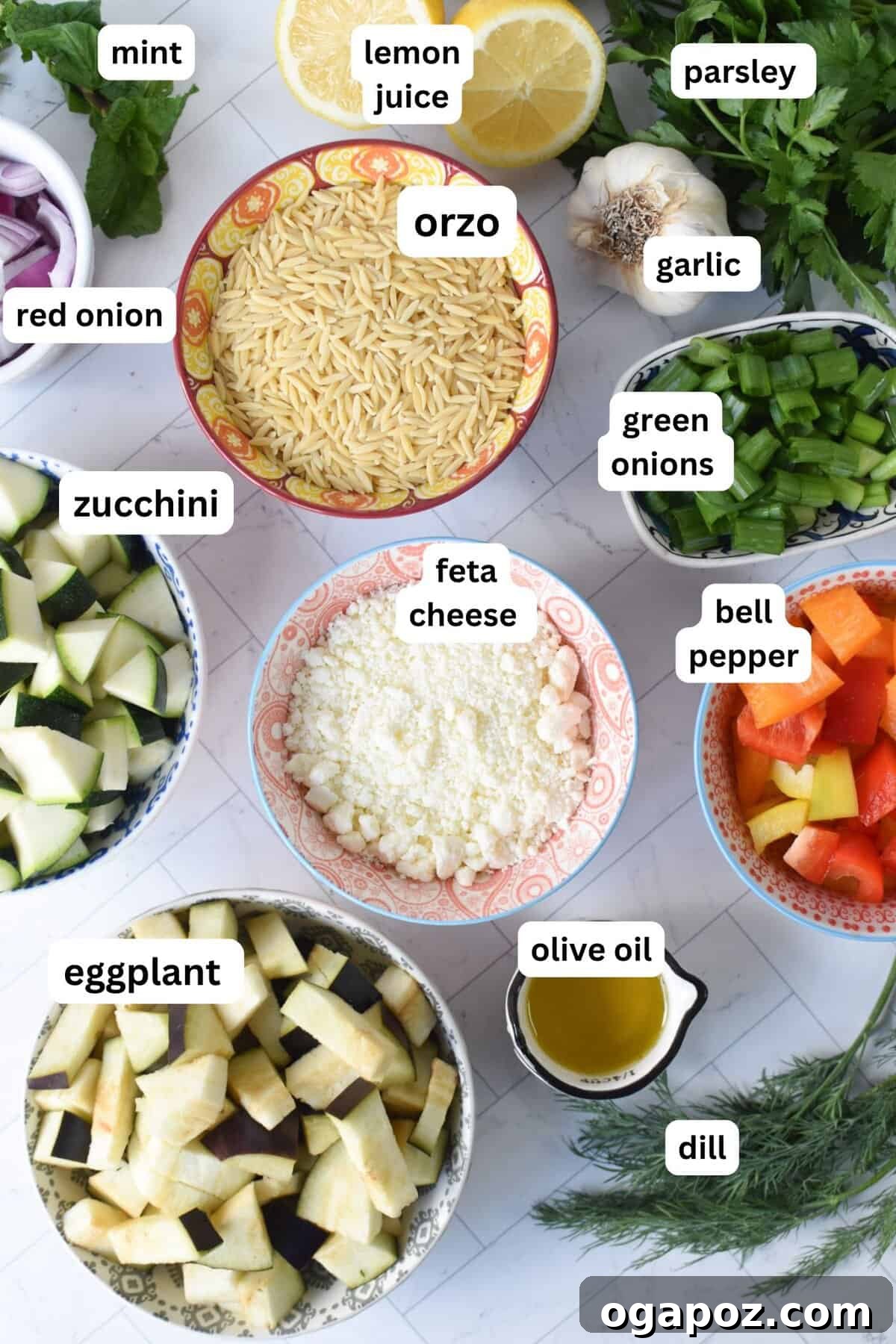 Mediterranean Roasted Vegetable Orzo Salad with Feta 5 Assortment of fresh ingredients for Roasted Vegetable Orzo Salad including zucchini, eggplant, bell peppers, feta, and herbs